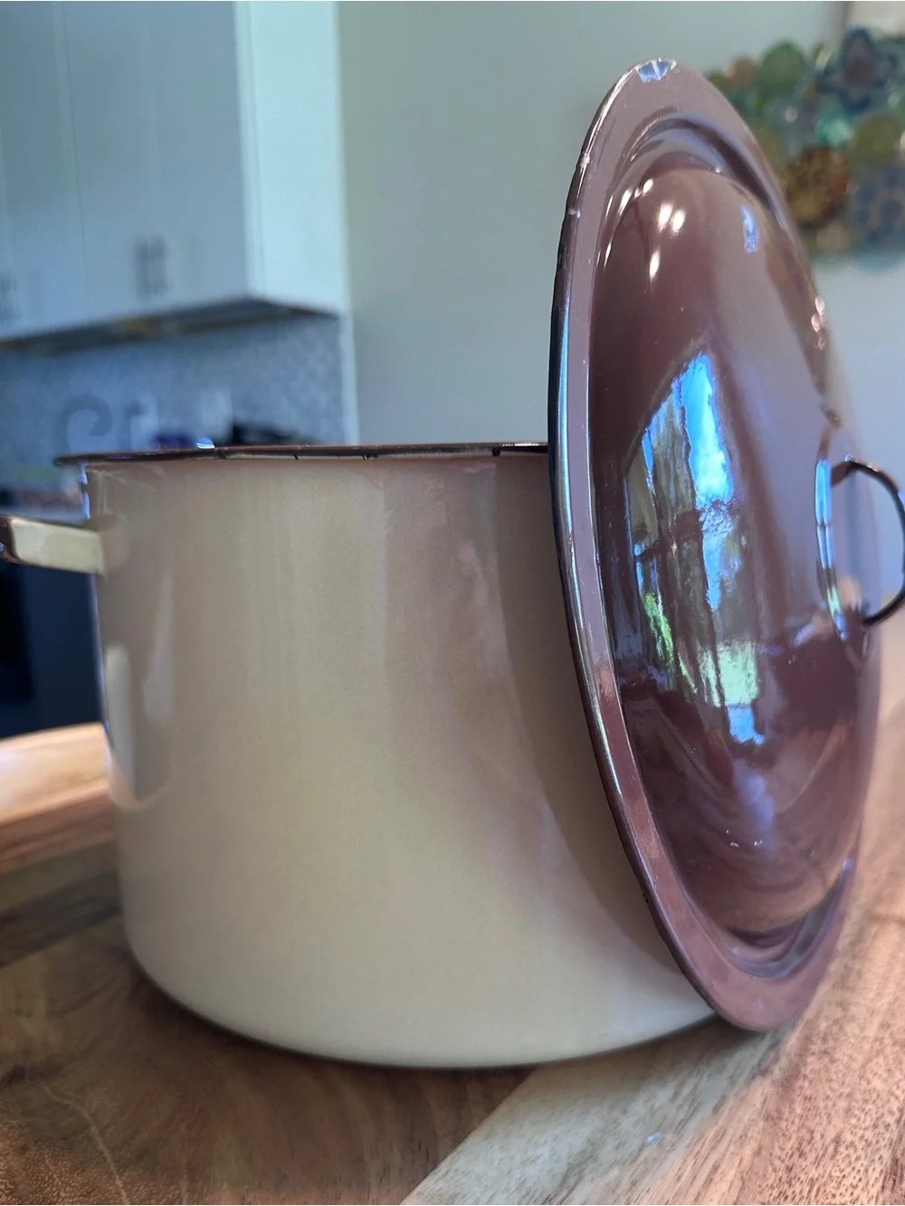 Vintage Enamelware Stockpot With Lid Cream Almond Beige Brown Trim Farmhouse